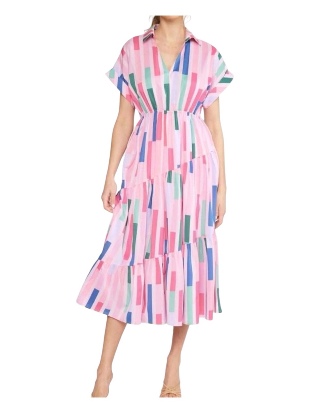 Entro Colorful Pink Geometric Stripe Midi Dress | Collared Short Sleeve